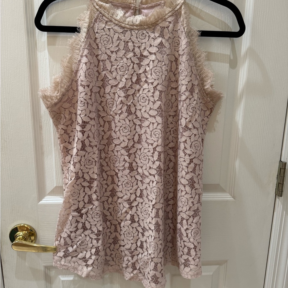 Pink Sleeveless Lace Blouse with Floral Design
